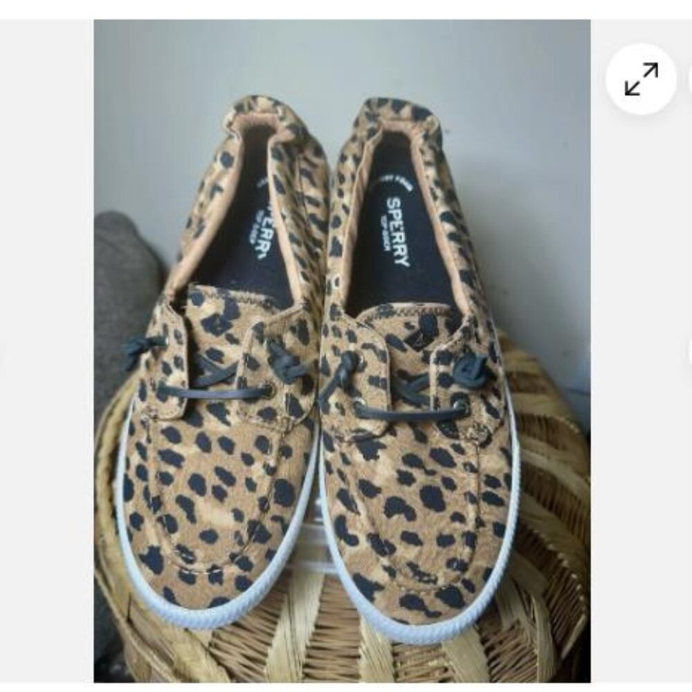 Sperry Shoes Womens 9.5 M Top Sider Slip On Leopard Print Sneakers Flats Canvas